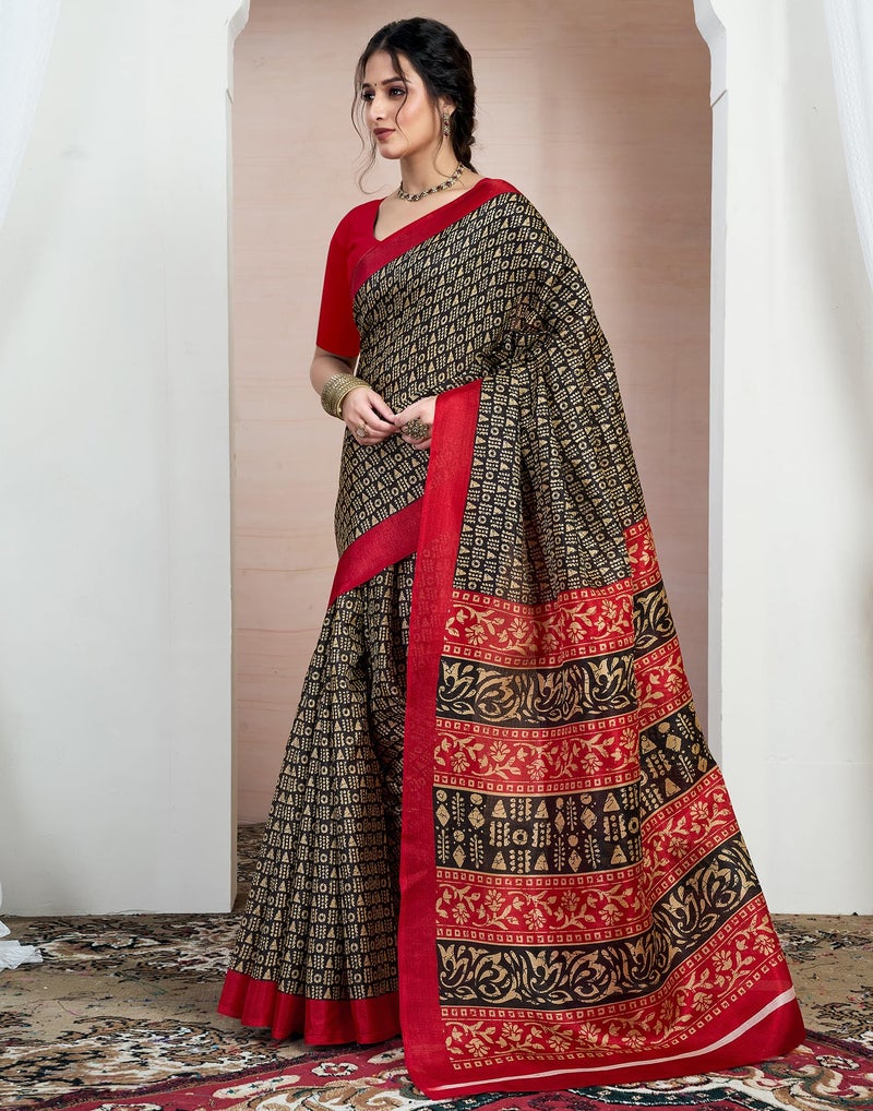 SIRIL Women's Cotton Printed Saree With Unstitched Blouse Piece (4161S244_Black) - Image 2
