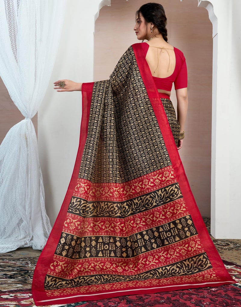 SIRIL Women's Cotton Printed Saree With Unstitched Blouse Piece (4161S244_Black) - Image 4