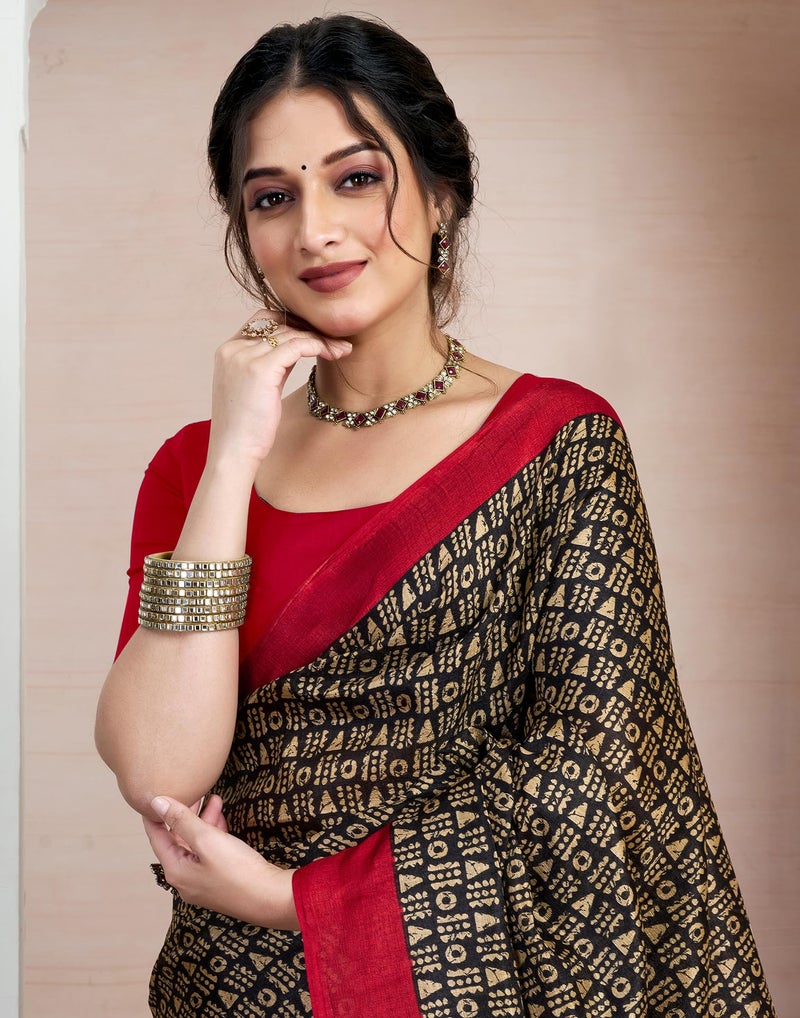 SIRIL Women's Cotton Printed Saree With Unstitched Blouse Piece (4161S244_Black) - Image 5