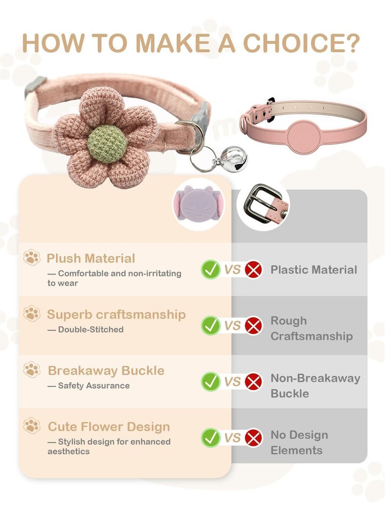 رات سو طوق قطتين مع زهرة، أطواق للقطط الإناث والذكور، طوق قابل للانفصال مع أجراس، قابل لتعديل الحجم من 11" إلى 14" (وردي وبيج) - Image 3