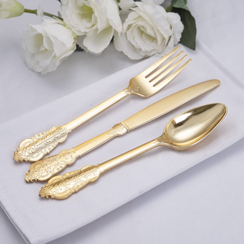 NOCCUR 180PCS Gold Plastic Cutlery Set  Gold Plastic Silverware Disposable  Include 60 Forks 60 Spoons 60 Knives  Perfect for Parties  Weddings