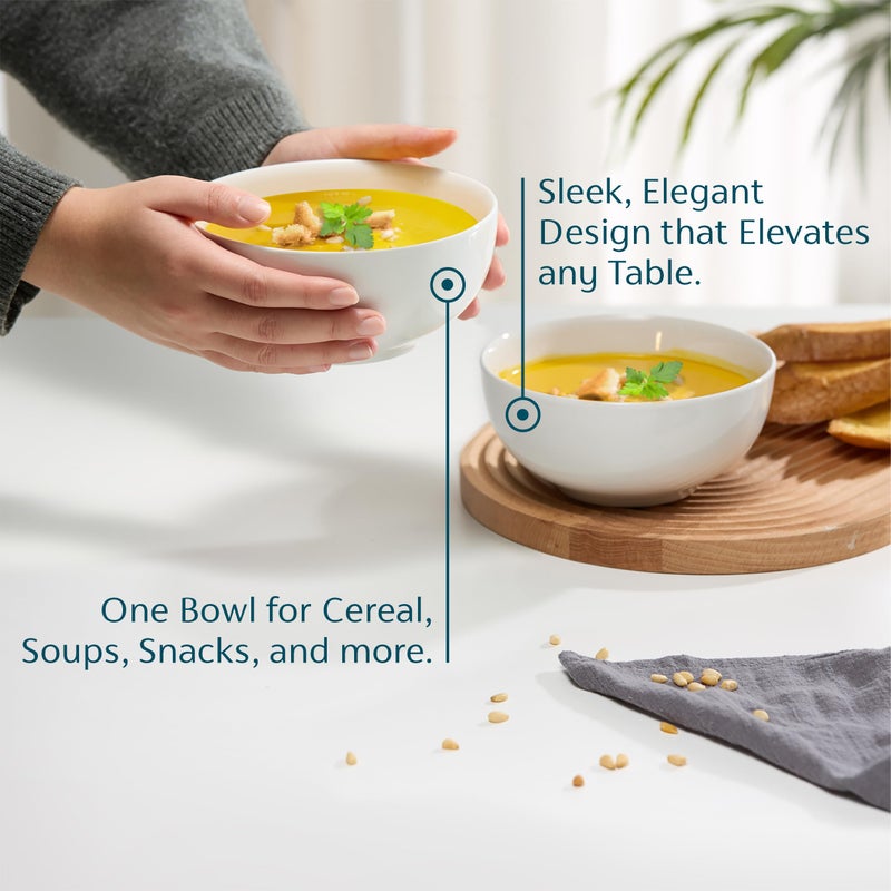 KooK Soup Bowl, Cereal Bowl, Bowl Set, White Ceramic Bowls, Set of 6, Microwave, Dishwasher and Freezer Safe, Chip Resistant, for Pasta, Salad, Oatmeal, Deep Interior, 24 Oz (White, 6 Inch) - Image 2