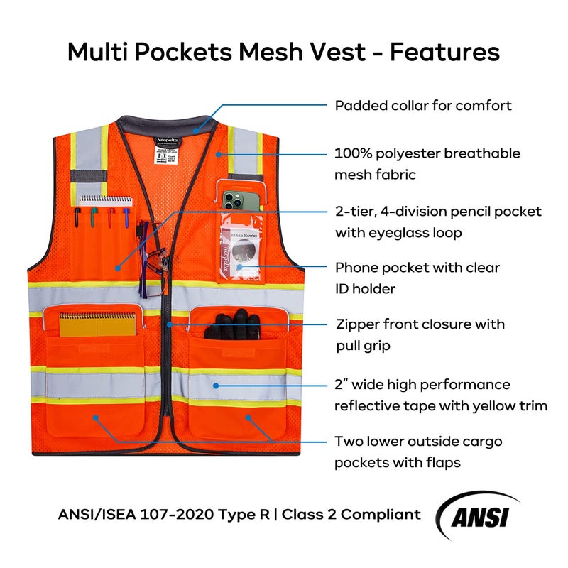 Neopelta Reflective Safety Vest Orange Mesh, High Visibility Vest with Pockets and Zipper, Padded Neck, Construction Work Vest ANSI Class 2, Orange with Yellow Trim L - Image 5