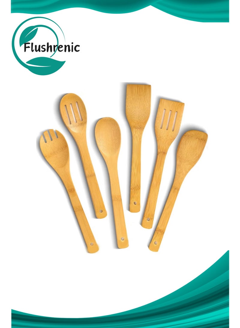فلوشرينيك ملاعق خشبية للطهي، طقم أدوات مطبخ خشبية مكون من 6 قطع، ملاعق خشبية للطبخ، مجموعة أدوات طبخ خشبية وملاعق خشبية من مادة الخيزران الطبيعية وأواني طبخ خشبية، ملاعق خشبية وملاعق خشبية - Image 1