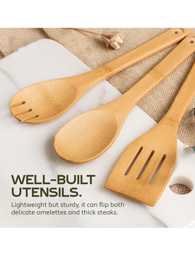 فلوشرينيك ملاعق خشبية للطهي، طقم أدوات مطبخ خشبية مكون من 6 قطع، ملاعق خشبية للطبخ، مجموعة أدوات طبخ خشبية وملاعق خشبية من مادة الخيزران الطبيعية وأواني طبخ خشبية، ملاعق خشبية وملاعق خشبية - Image 5