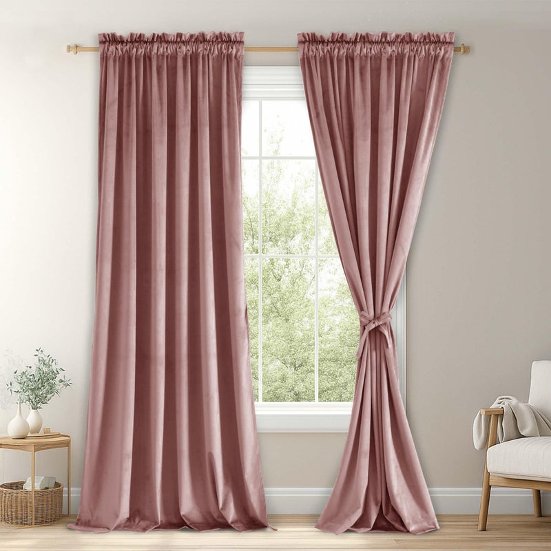 JIUZHEN Wild Rose Velvet Curtains 2 Panels Set, Soft Block Light Thermal Insulated Noise Reducing Rod Pocket Curtains for Living Room and Bedroom, 52W x 96L, 2 Panels with Tiebacks - Image 1