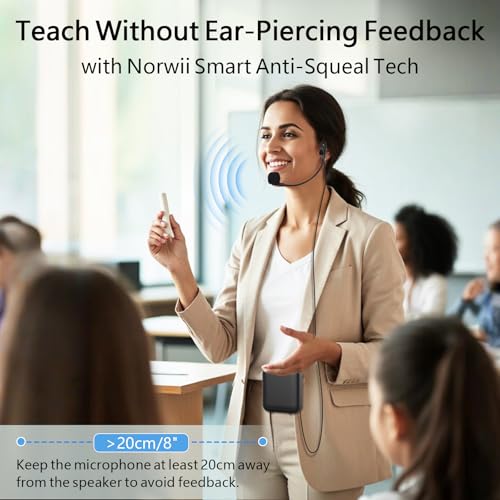 Norwii مضخم صوت بلوتوث نوروي، مضخمات صوت، ميكروفون صغير محمول سلكي لسماعة الرأس للمعلمين في الفصول الدراسية والمحاضرات الخارجية، التعليم، مرشدي الجولات، قابل لإعادة الشحن عبر USB-C - 2000 مللي أمبير، أسود - Image 5