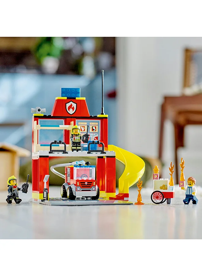 ليغو City Fire Station and Fire Engine 60375 Building Toy Set; Starter Playset for Kids Aged 4+ Who Love Imaginative Play; Includes a Vendor and 2 Firefighter Minifigures; Fun Gift Idea (153 Pieces) LEGO