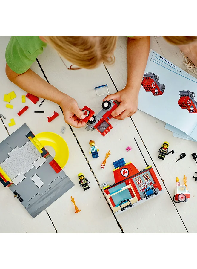 ليغو City Fire Station and Fire Engine 60375 Building Toy Set; Starter Playset for Kids Aged 4+ Who Love Imaginative Play; Includes a Vendor and 2 Firefighter Minifigures; Fun Gift Idea (153 Pieces) LEGO