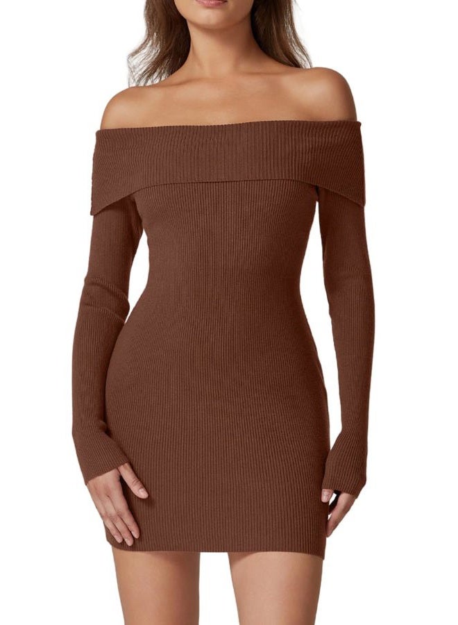 QINSEN Women's Off The Shoulder Ribbed Knit Sweater Dress Folded Neck Long Sleeve Mini Dress 2024 Trendy Fall Outfits, Brown, XS - Image 1