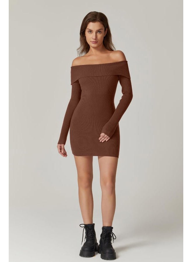 QINSEN Women's Off The Shoulder Ribbed Knit Sweater Dress Folded Neck Long Sleeve Mini Dress 2024 Trendy Fall Outfits, Brown, XS - Image 3
