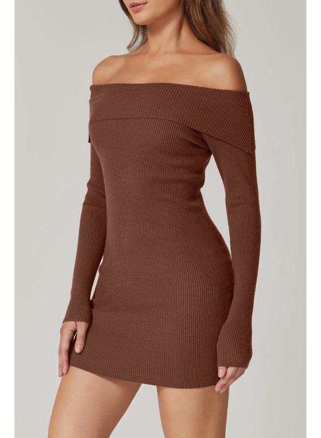 QINSEN Women's Off The Shoulder Ribbed Knit Sweater Dress Folded Neck Long Sleeve Mini Dress 2024 Trendy Fall Outfits, Brown, XS - Image 2
