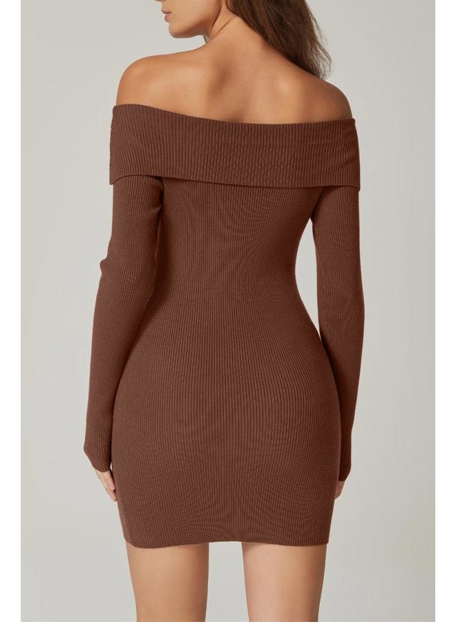 QINSEN Women's Off The Shoulder Ribbed Knit Sweater Dress Folded Neck Long Sleeve Mini Dress 2024 Trendy Fall Outfits, Brown, XS - Image 4