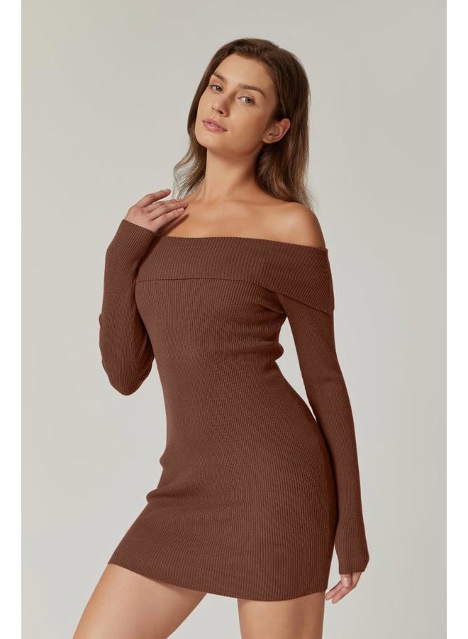 QINSEN Women's Off The Shoulder Ribbed Knit Sweater Dress Folded Neck Long Sleeve Mini Dress 2024 Trendy Fall Outfits, Brown, XS - Image 5