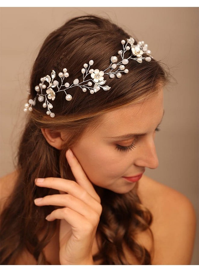 YERTTER Dainty Wedding Bridal Headband For Brides And Bridesmaids Hair Vine Band Opal Rhinestones Crystal Flower Floral Long Baby Breath Women Girl Accessories Headpieces With Ribbon  - Image 1