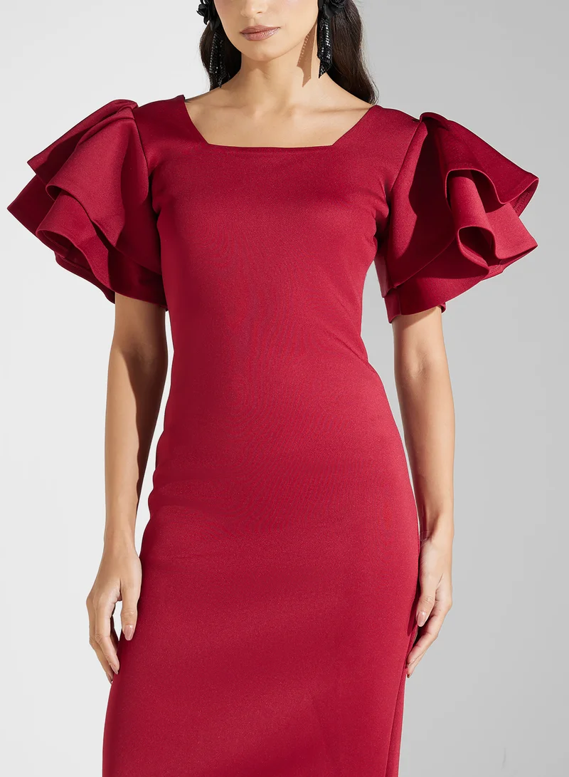 Golden Apple Ruffle Sleeve Sheath Dress