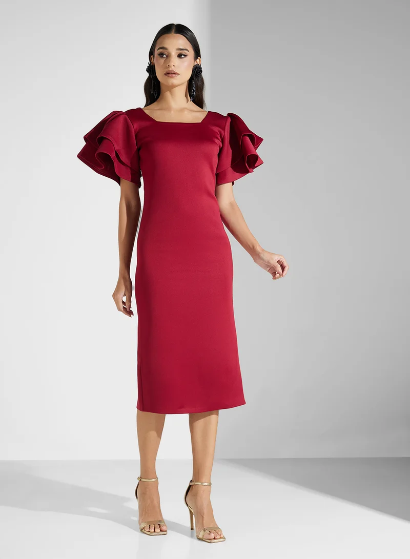 Golden Apple Ruffle Sleeve Sheath Dress