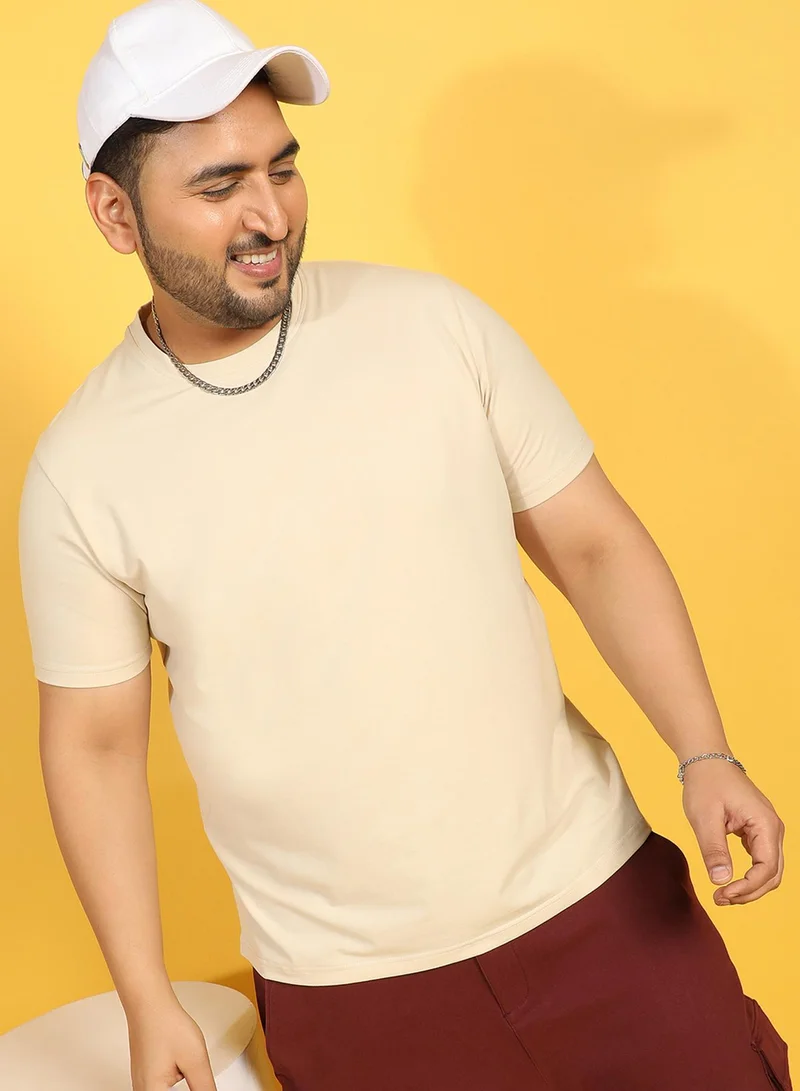 Instafab Plus Instafab Plus Men's Beige Basic Plus-Size Fit T-Shirt For Casual Wear | Crewneck | Short Sleeve | Pull On Closure | Cotton T-Shirt Crafted With Comfort Fit For Everyday Wear