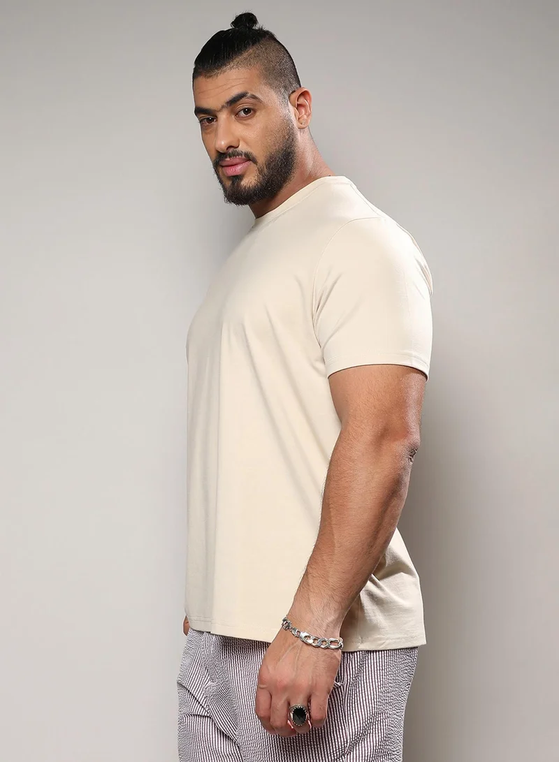 Instafab Plus Instafab Plus Men's Beige Basic Plus-Size Fit T-Shirt For Casual Wear | Crewneck | Short Sleeve | Pull On Closure | Cotton T-Shirt Crafted With Comfort Fit For Everyday Wear