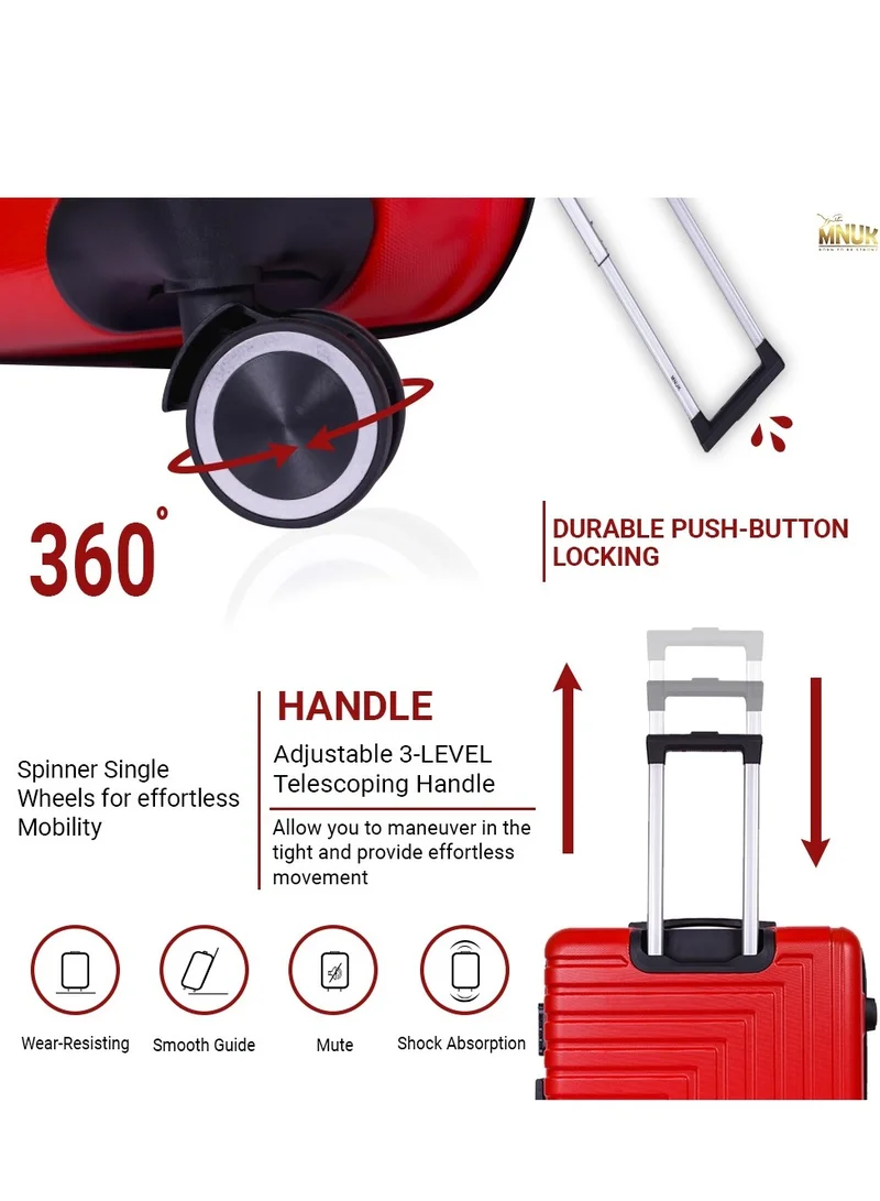 MNUK Pilgrimage Set of 3 Traveling Luggage | Hardside Soft Handle Trolley Bag with TSA Lock |Double 360° 4 Wheeler| Cabin-20 Inch, Medium- 24 Inch, Large-28 Inch| Red