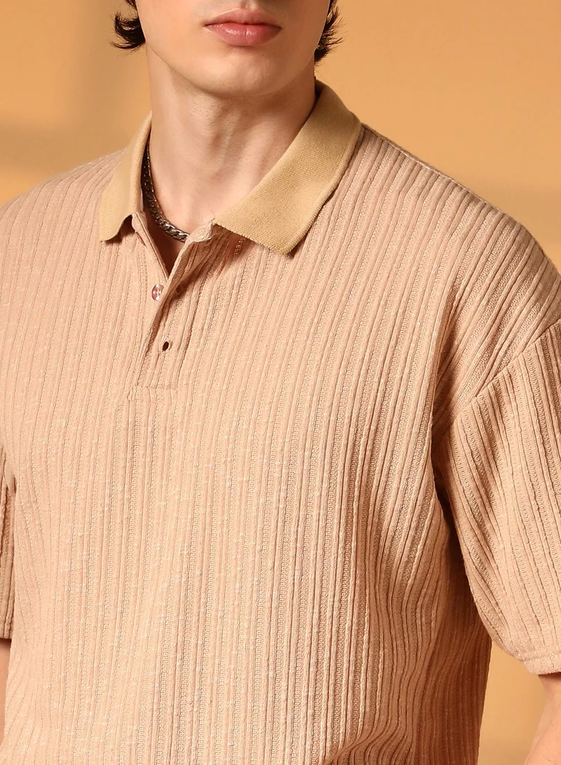 Campus Sutra Men's Buff Beige Striped Oversized Polo T-Shirt