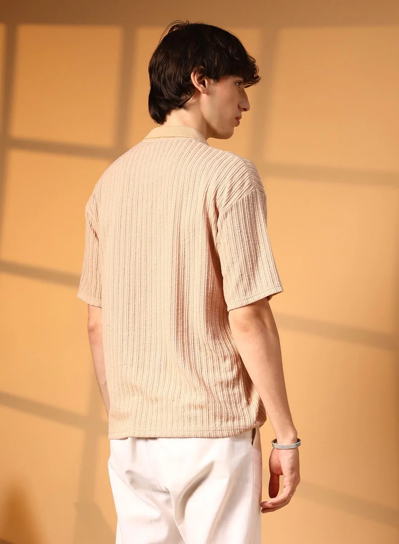 Campus Sutra Men's Buff Beige Striped Oversized Polo T-Shirt
