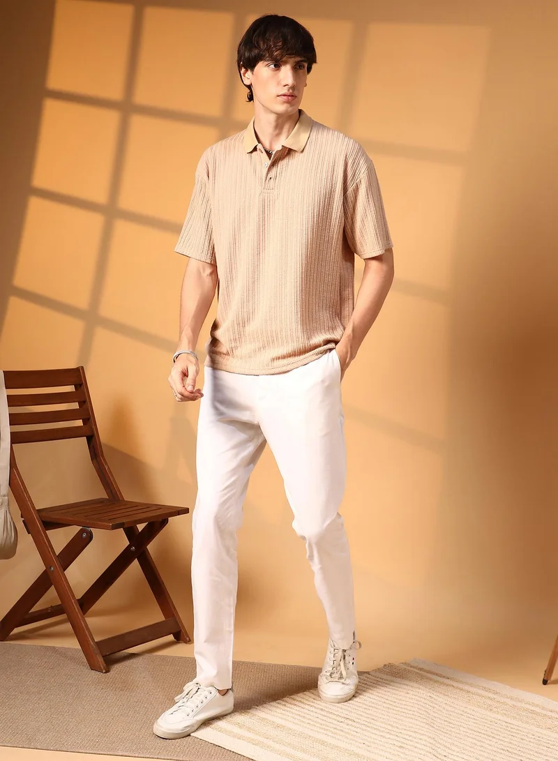 Campus Sutra Men's Buff Beige Striped Oversized Polo T-Shirt