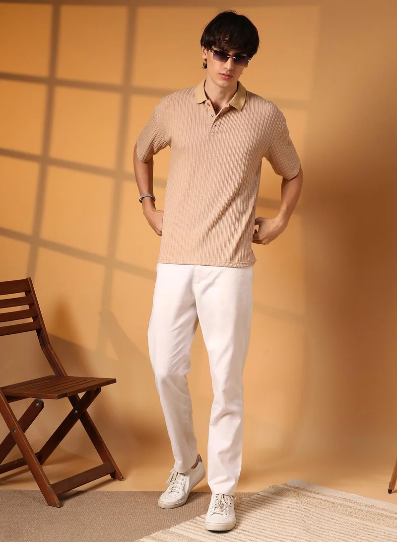Campus Sutra Men's Buff Beige Striped Oversized Polo T-Shirt