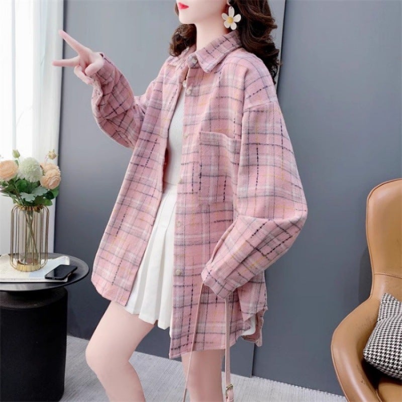 Official Figure Sanding Thick Plaid Shirt Jacket Womens Korean-style Loose Autumn and Winter All-match Casual Western Style Top Special Offer Pink [high quality]]