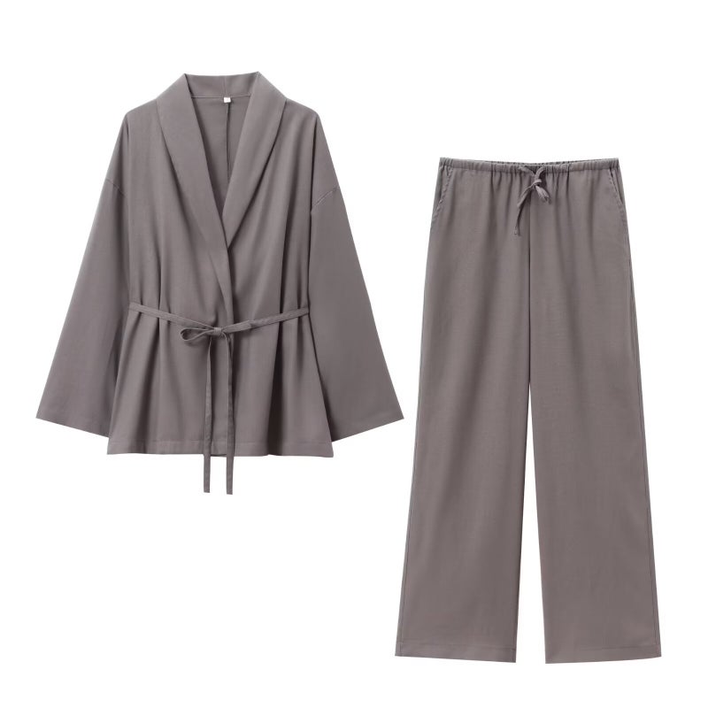Cross-border AliExpress womens clothing foreign trade wholesale ZR in stock with belt texture kimono coat texture pants suit Khaki suit - Image 2