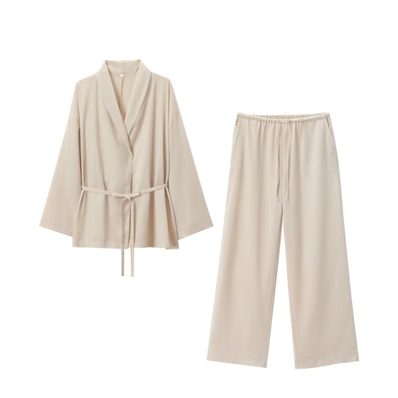 Cross-border AliExpress womens clothing foreign trade wholesale ZR in stock with belt texture kimono coat texture pants suit Khaki suit - Image 3