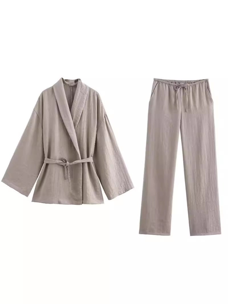 Cross-border AliExpress womens clothing foreign trade wholesale ZR in stock with belt texture kimono coat texture pants suit Khaki suit - Image 1