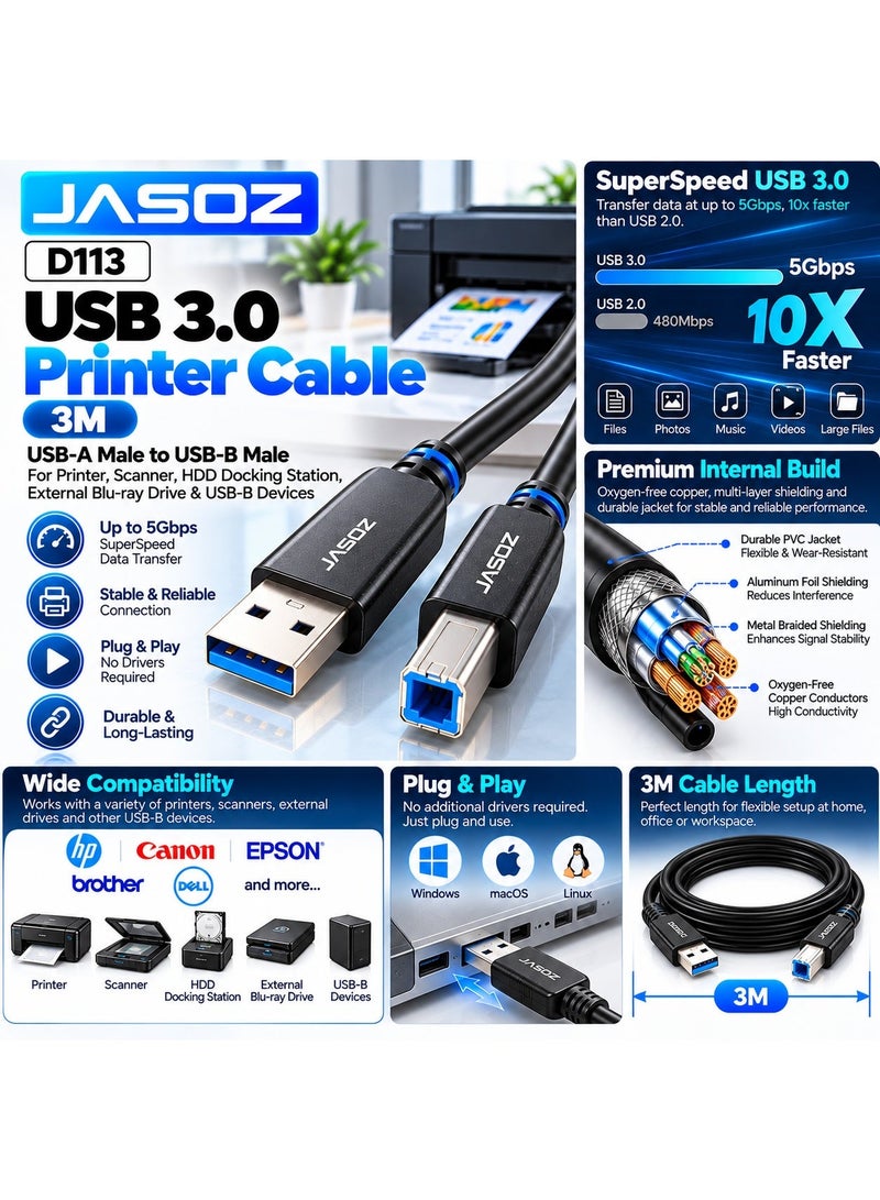 JASOZ D113 USB 3.0 Printer Cable 3M, USB-A Male to USB-B Male High Speed Cable, Up to 5Gbps Data Transfer, Oxygen-Free Copper & Enhanced Shielding, Plug & Play USB Cable @ Printer, Scanner, HDD Docking Station, External Blu-ray Drive & USB-B Devices - Image 2