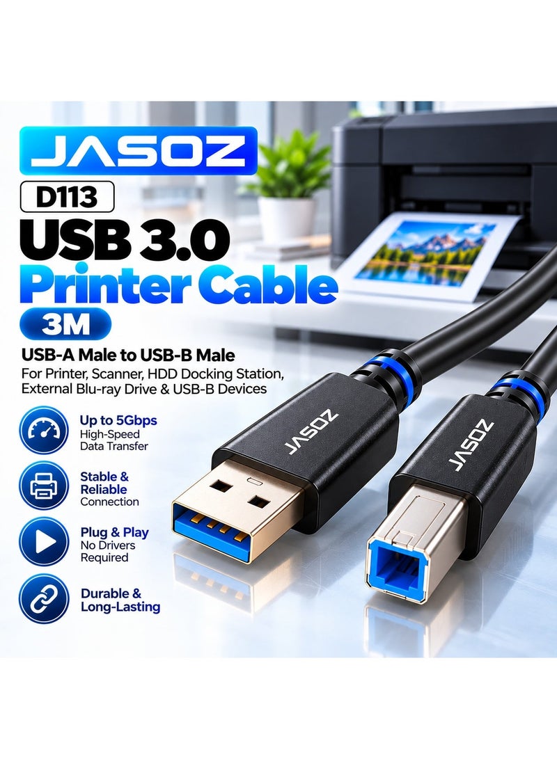 JASOZ D113 USB 3.0 Printer Cable 3M, USB-A Male to USB-B Male High Speed Cable, Up to 5Gbps Data Transfer, Oxygen-Free Copper & Enhanced Shielding, Plug & Play USB Cable @ Printer, Scanner, HDD Docking Station, External Blu-ray Drive & USB-B Devices - Image 1