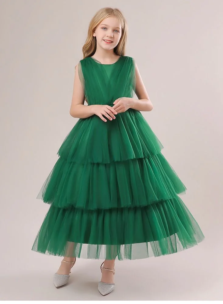 babyqlo Elegent green layered mesh long party dress for girls