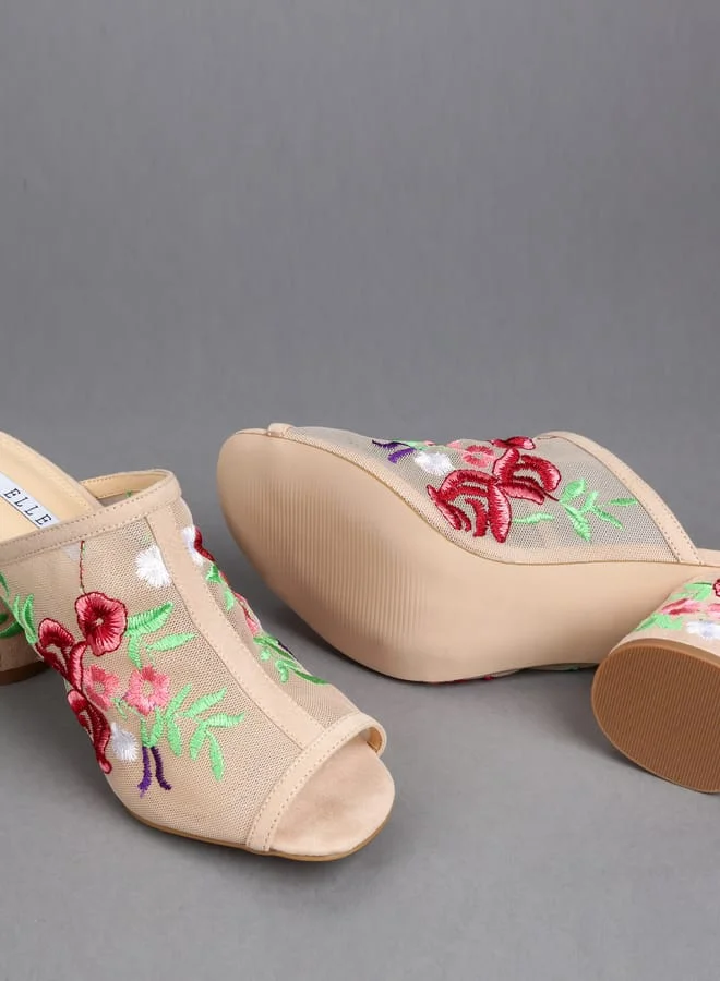 ELLE Women Embroidered Mid Heel Slides