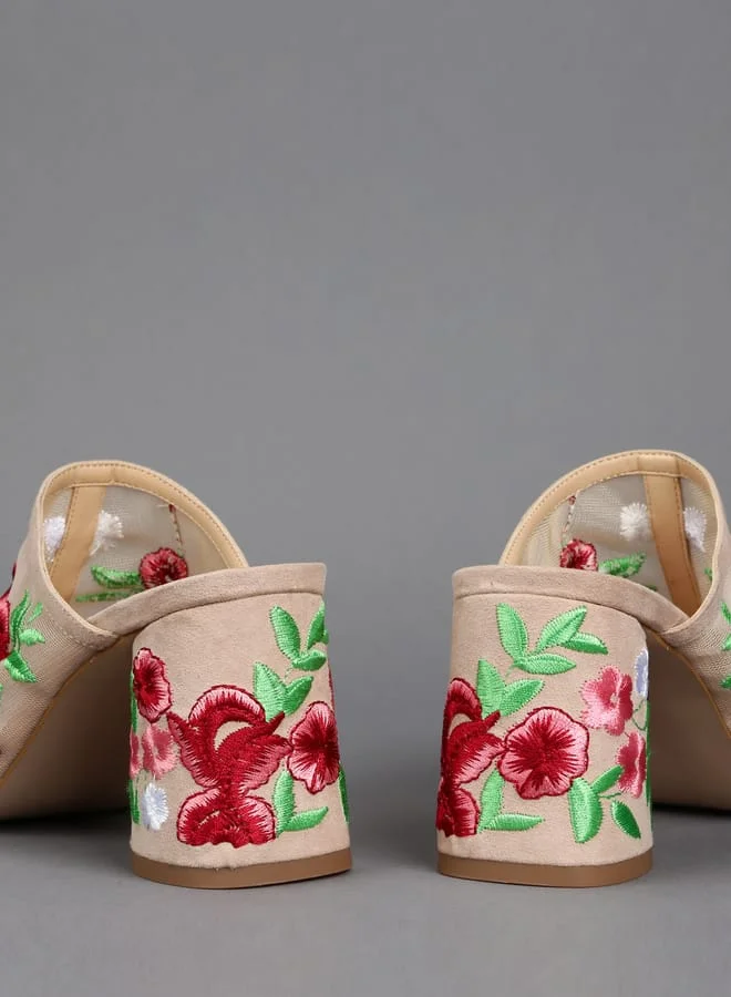 ELLE Women Embroidered Mid Heel Slides