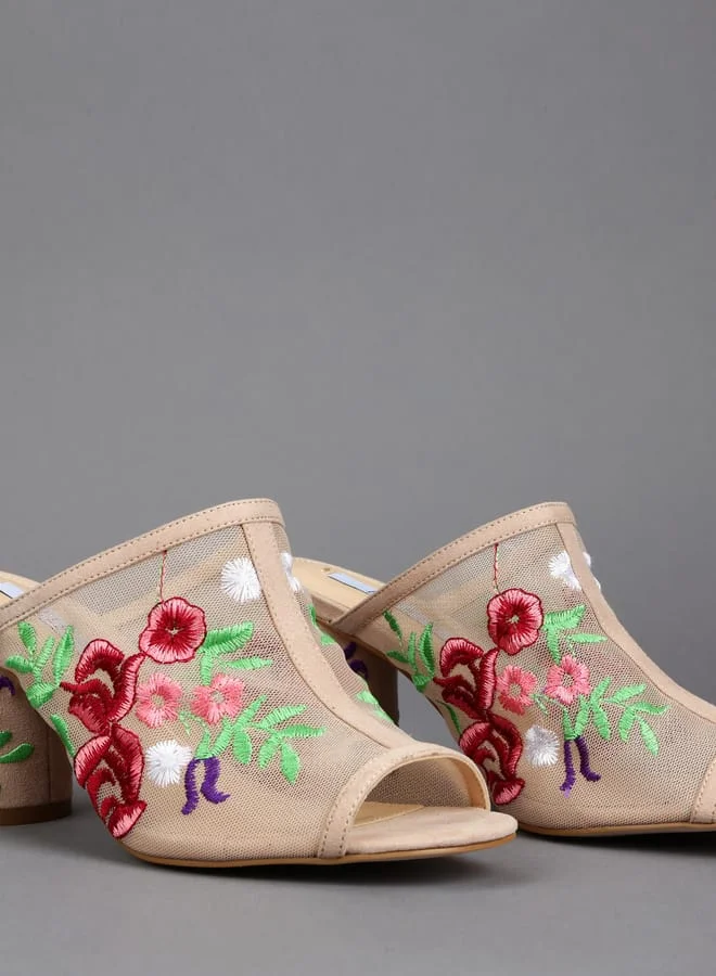 ELLE Women Embroidered Mid Heel Slides