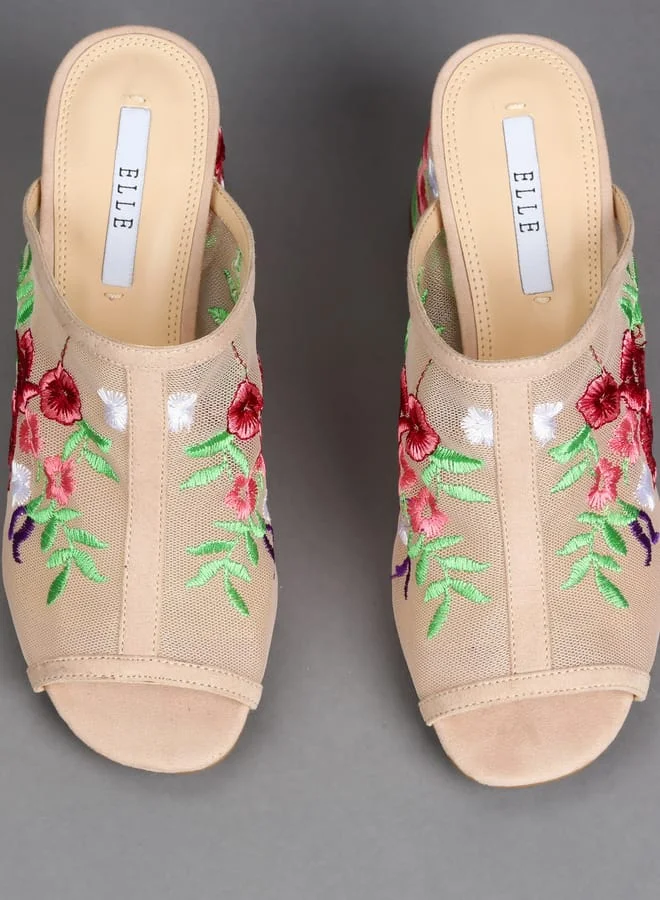 ELLE Women Embroidered Mid Heel Slides