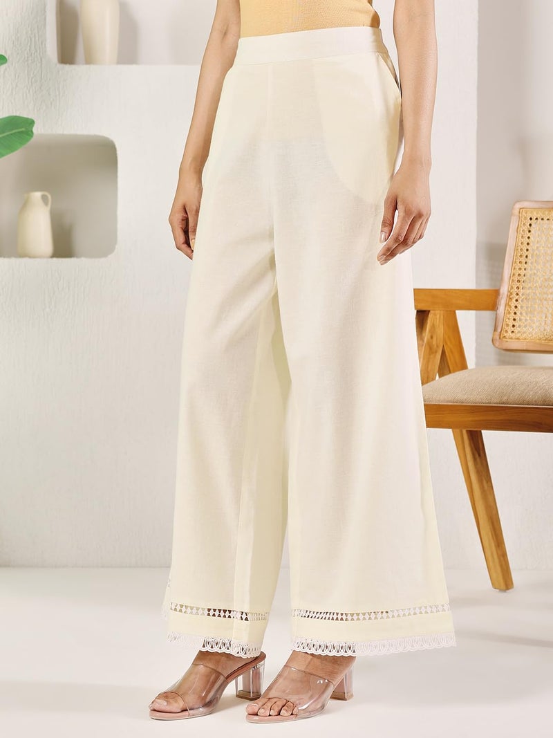 FIORRA Women's Off-White Cotton Solid Palazzo BTM011 - Image 4