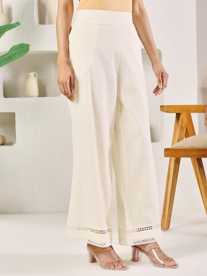 FIORRA Women's Off-White Cotton Solid Palazzo BTM011 - Image 3