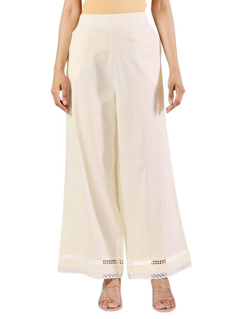 FIORRA Women's Off-White Cotton Solid Palazzo BTM011 - Image 1