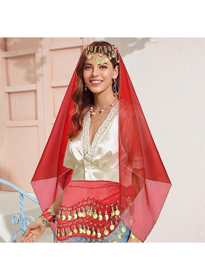 طقم راقصة شرقية مكون من 4 قطع: وشاح رأس من الشيفون، وشاح خصر للرقص الشرقي، سواران للمعصم مزينان بالعملات المعدنية، و8 دبابيس شعر. - Image 5