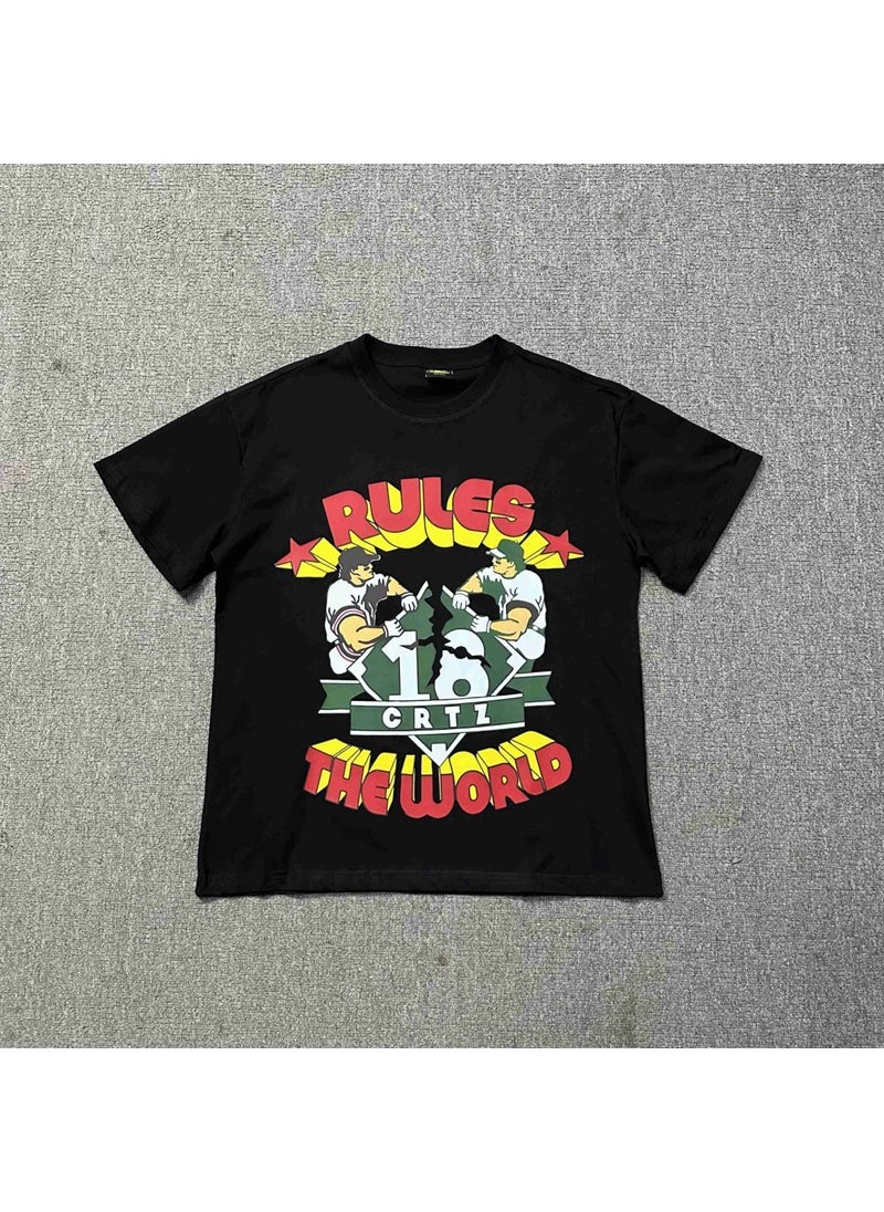 Generic - Cortiez Devil Island CRTZ Cartoon Letter Print Short Sleeve Loose round Neck Mens T-shirt Streetwear Casual Comfortable Top Black - Image 1