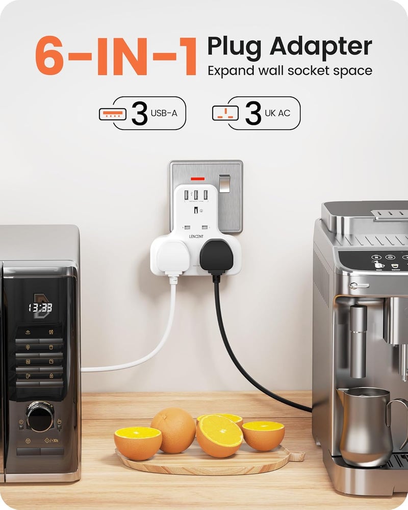 LENCENT Plug Extension Socket, 3 Way Multi Plug Socket with 3 USB Ports, Power Extender Wall Adaptor for Household Appliances, Iphone, Smartphone, Tablet, Home, Office, Bedroom, 13A 3250W - Image 2