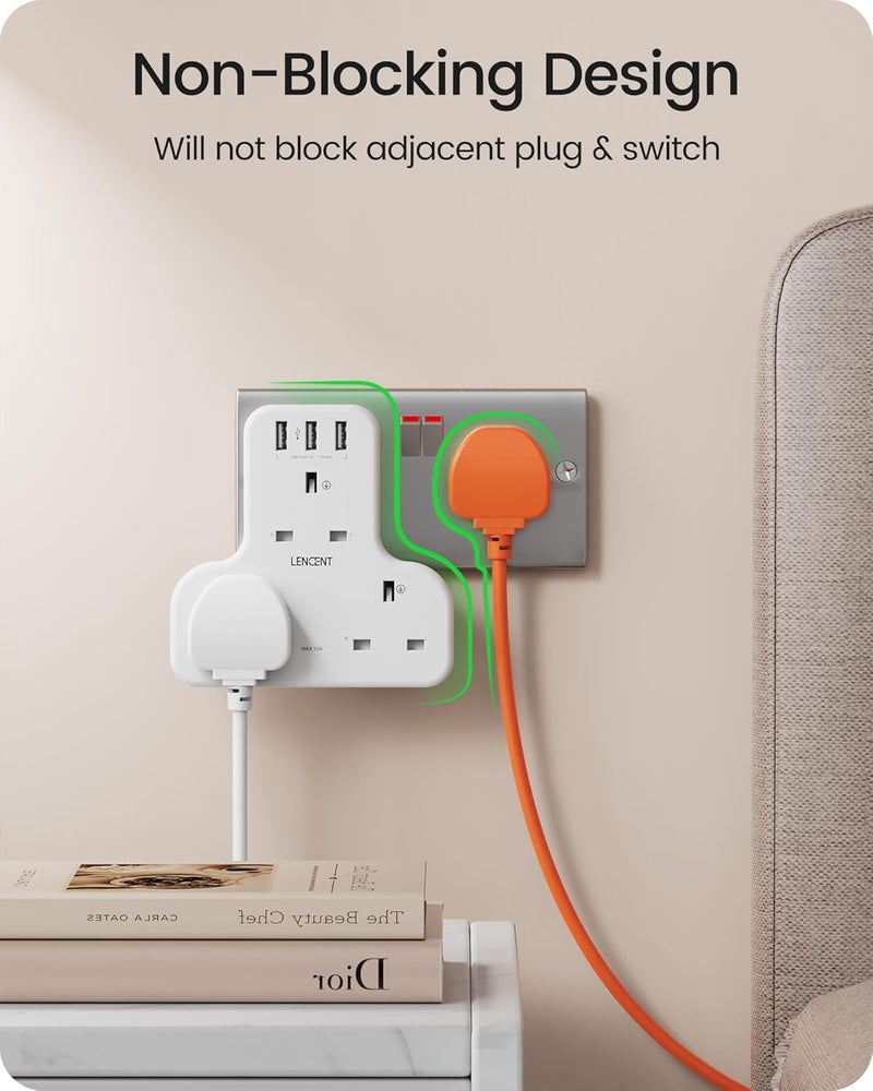 LENCENT Plug Extension Socket, 3 Way Multi Plug Socket with 3 USB Ports, Power Extender Wall Adaptor for Household Appliances, Iphone, Smartphone, Tablet, Home, Office, Bedroom, 13A 3250W - Image 3