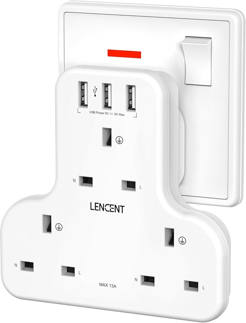 LENCENT Plug Extension Socket, 3 Way Multi Plug Socket with 3 USB Ports, Power Extender Wall Adaptor for Household Appliances, Iphone, Smartphone, Tablet, Home, Office, Bedroom, 13A 3250W - Image 1