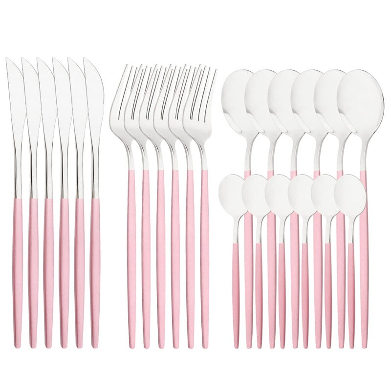Snplowum Mirror Cutlery Serving Set 24piece 180 Stainless Steel Silverware With Pink Handle Simple  Modern Tableware For Home Party Restaurant Christmas Dinner Service For 6 Pink Silver