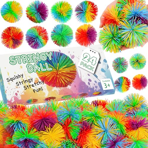 SHQDD 24PCS Stringy Balls Sensory Stringy Ball 275 inch Soft Rainbow Pom Bouncy Stocking Stuffers for Kids Monkey Pom Balls Fidget Toys Stress Ball Birthday Gifts for Boys Girls Ages 3 - Image 1