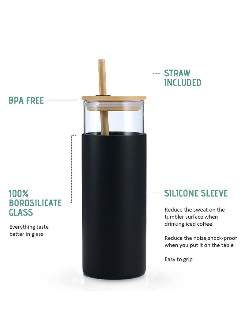 Beauenty Tumbler with Lid and Straw, 500ml Glass Tumbler with Silicone Protective Sleeve Glass Cups with Bamboo Lids Straw Cute Can Shaped Glass Water Bottle for Water, Iced Coffee, Tea (Black)  - Image 2